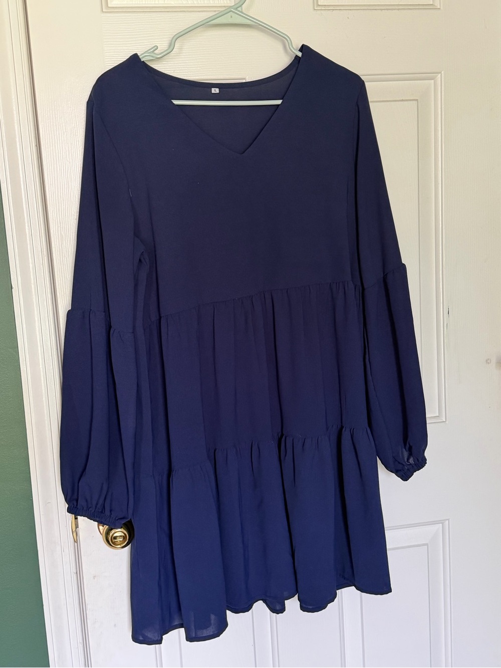 Navy V-Neck Tiered Long Sleeve Dress